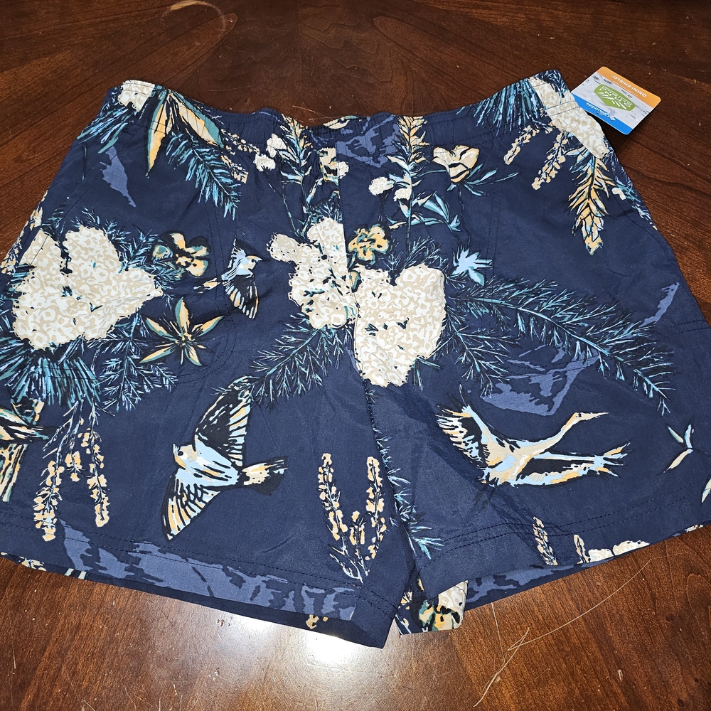 NWT Womans Columbia Sandy River Printed Shorts Navy Bird Pattern Elastic Sz Med